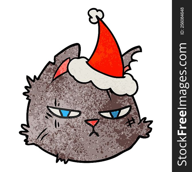 hand drawn textured cartoon of a tough cat face wearing santa hat