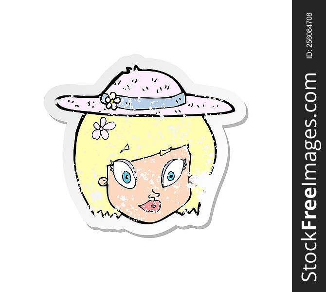 retro distressed sticker of a cartoon woman wearing summer hat
