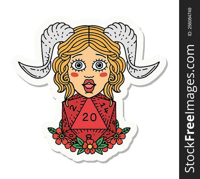 sticker of a tiefling with D20 natural twenty dice roll. sticker of a tiefling with D20 natural twenty dice roll