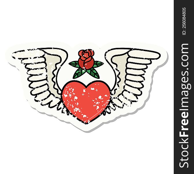 Traditional Distressed Sticker Tattoo Of A Heart With Wings