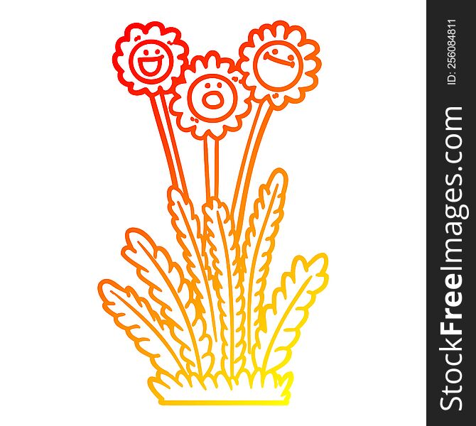 warm gradient line drawing of a cartoon happy flowers