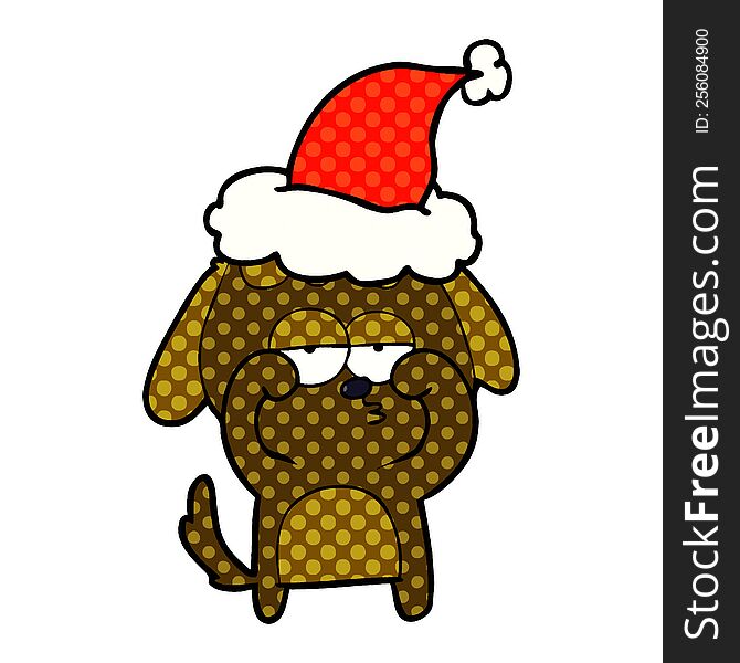 hand drawn comic book style illustration of a tired dog wearing santa hat