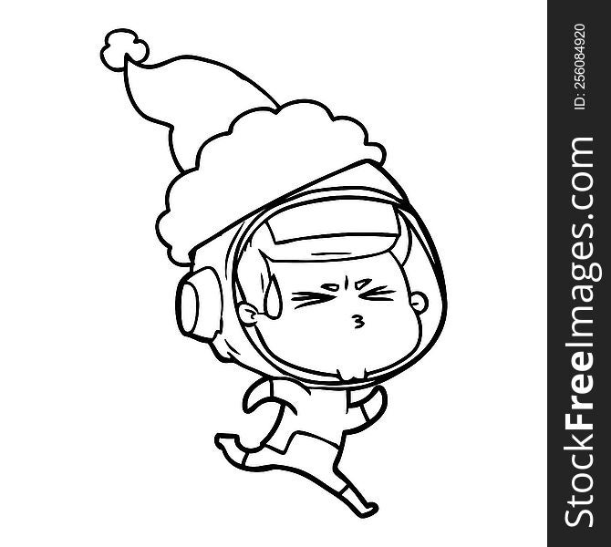 hand drawn line drawing of a stressed astronaut wearing santa hat