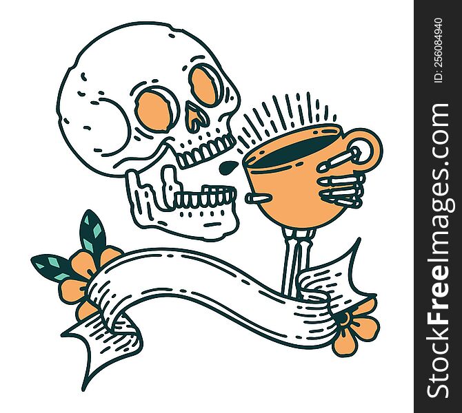 traditional tattoo with banner of a skull drinking coffee