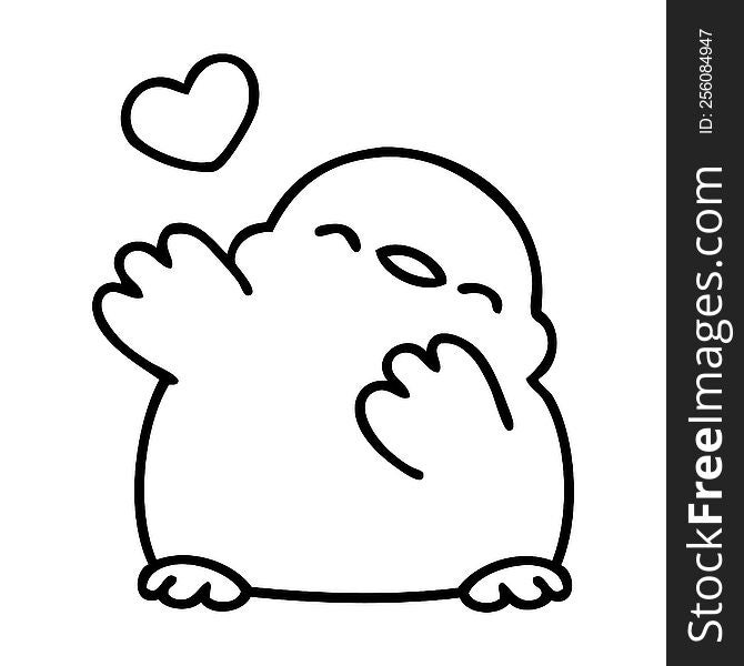 line doodle of a cute baby bird with love heart