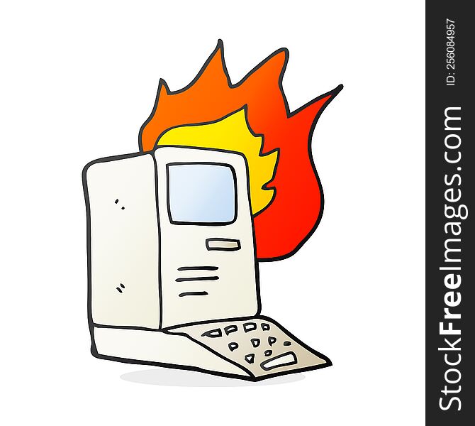 freehand drawn cartoon old computer on fire