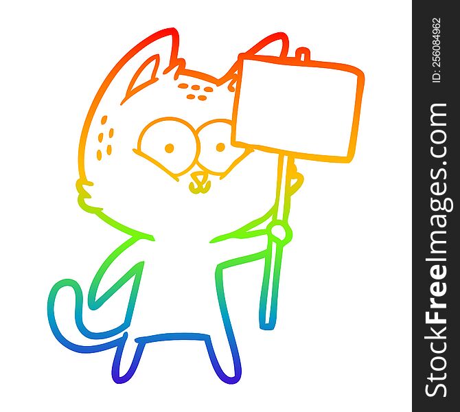 rainbow gradient line drawing of a cartoon cat with placard