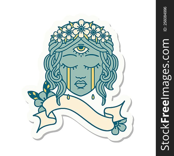 tattoo style sticker with banner of female face with mystic third eye crying. tattoo style sticker with banner of female face with mystic third eye crying