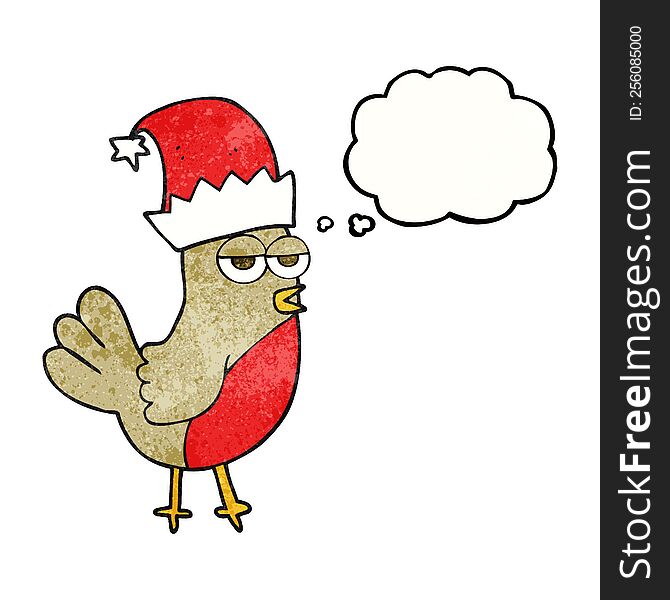 freehand drawn thought bubble textured cartoon robin in christmas hat