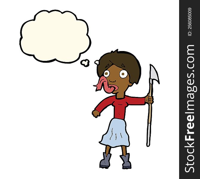 cartoon woman with spear sticking out tongue with thought bubble