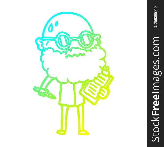 cold gradient line drawing cartoon worried man with beard and sunglasses taking survey