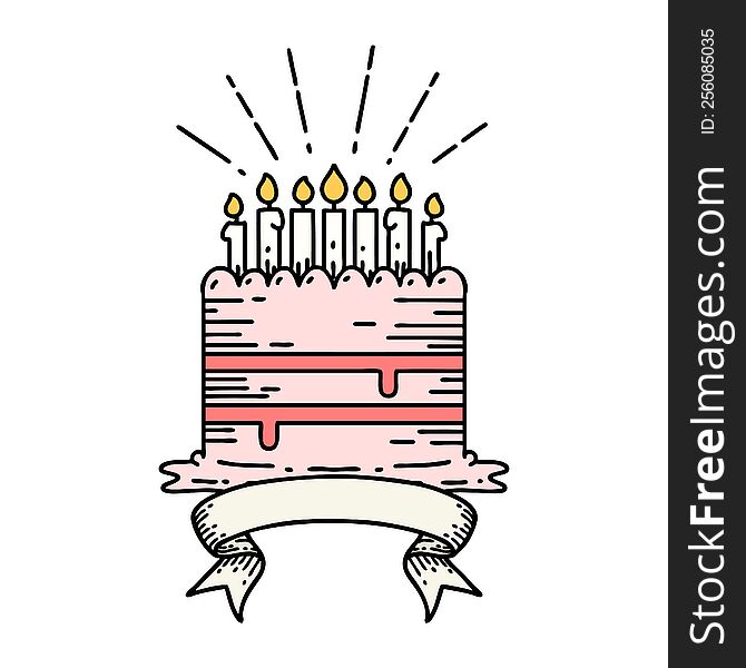 scroll banner with tattoo style birthday cake