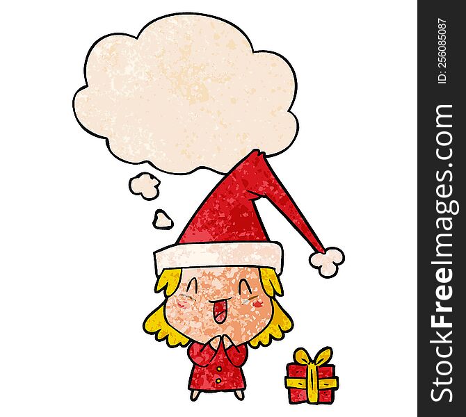 cartoon girl wearing christmas hat and thought bubble in grunge texture pattern style