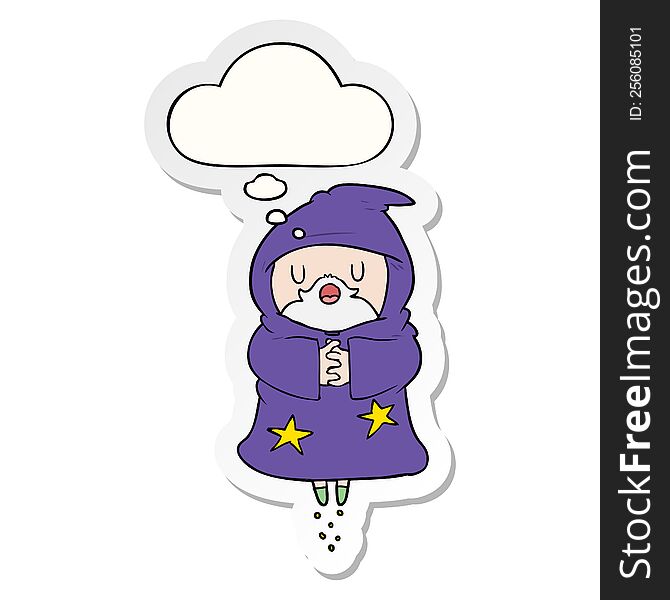 cartoon floating wizard with thought bubble as a printed sticker