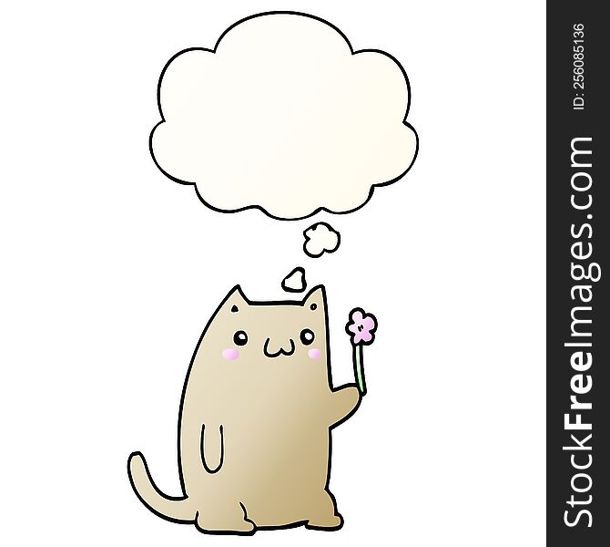 Cute Cartoon Cat With Flower And Thought Bubble In Smooth Gradient Style