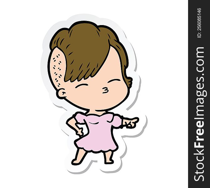 Sticker Of A Cartoon Squinting Girl Pointing