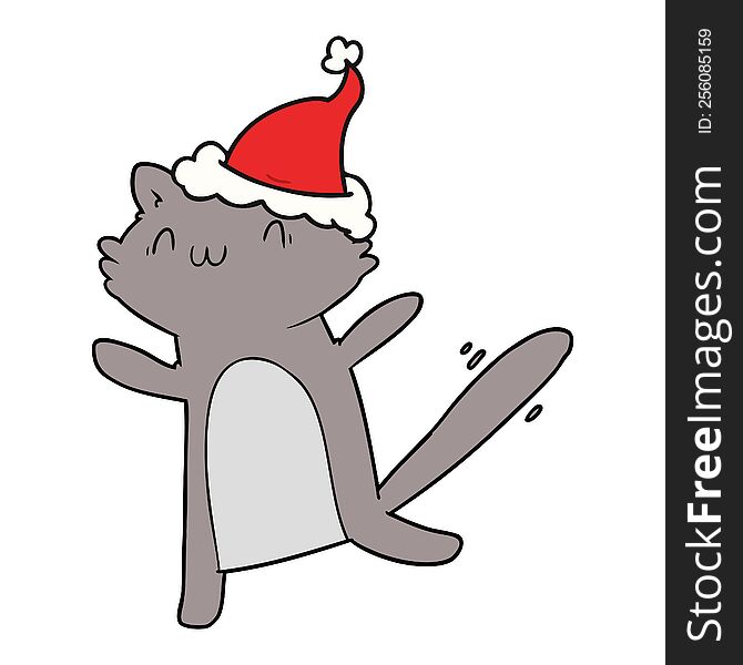 Line Drawing Of A Dancing Cat Wearing Santa Hat