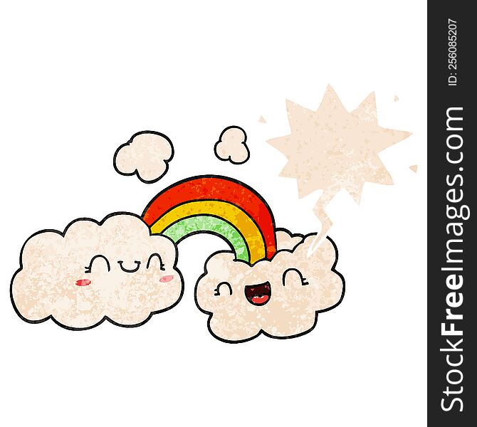 Happy Cartoon Clouds And Rainbow And Speech Bubble In Retro Textured Style