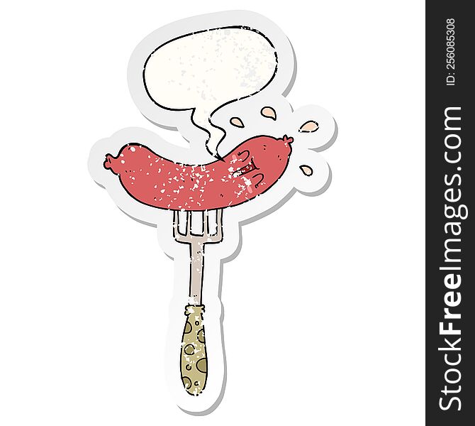 Cartoon Happy Sausage On Fork And Speech Bubble Distressed Sticker