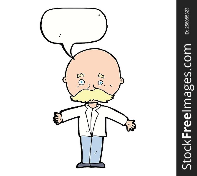 Cartoon Bald Man With Open Arms With Speech Bubble