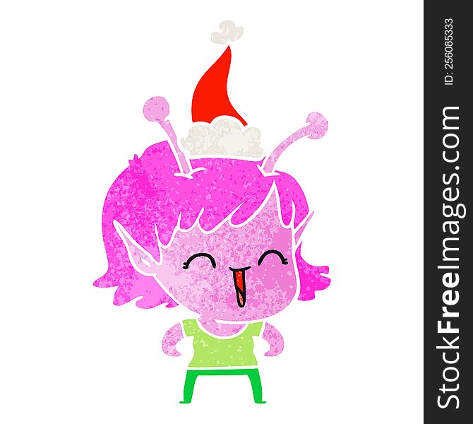 Retro Cartoon Of A Alien Girl Laughing Wearing Santa Hat
