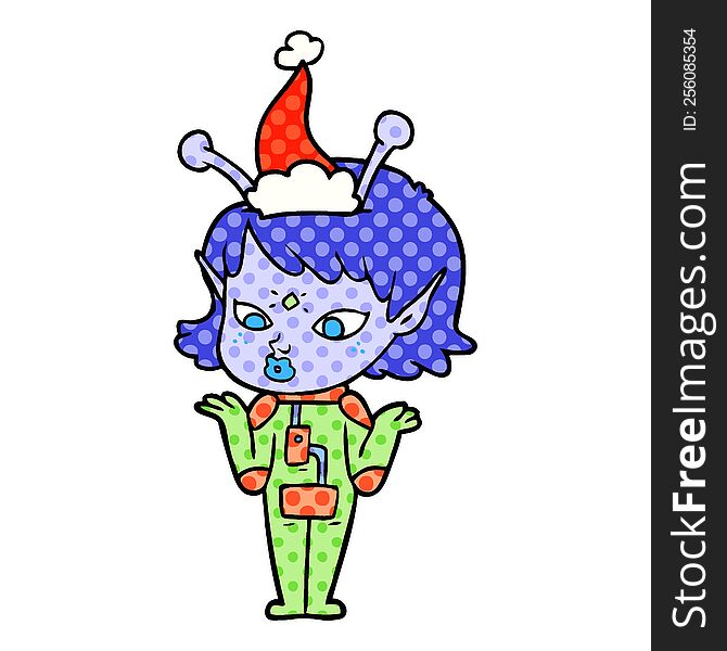 pretty hand drawn comic book style illustration of a alien girl wearing santa hat
