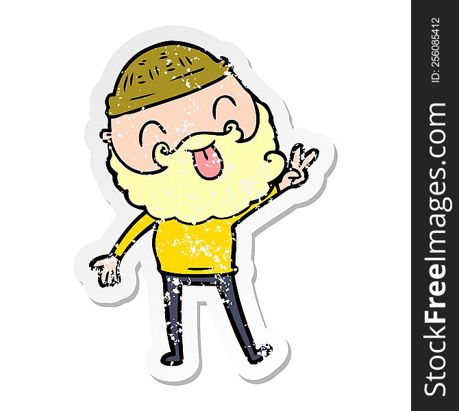 distressed sticker of a man with beard giving peace sign