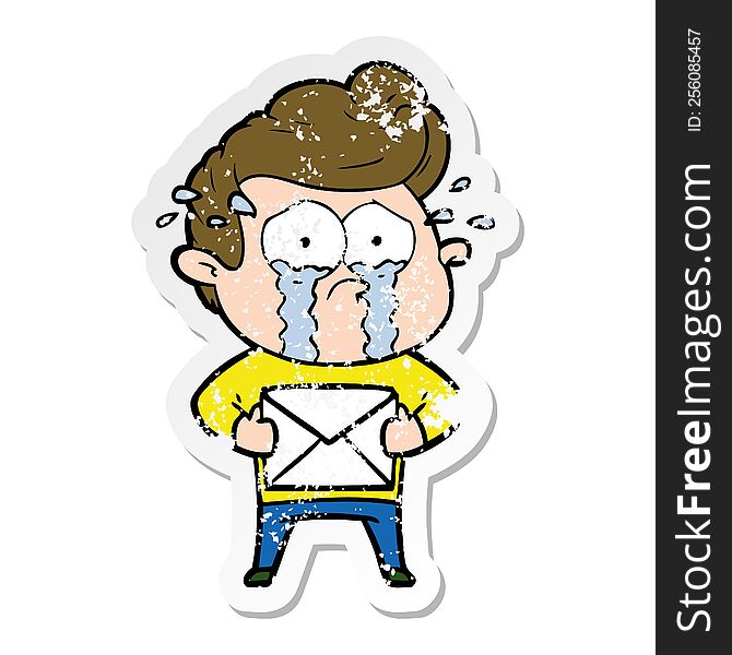 distressed sticker of a cartoon crying man receiving letter