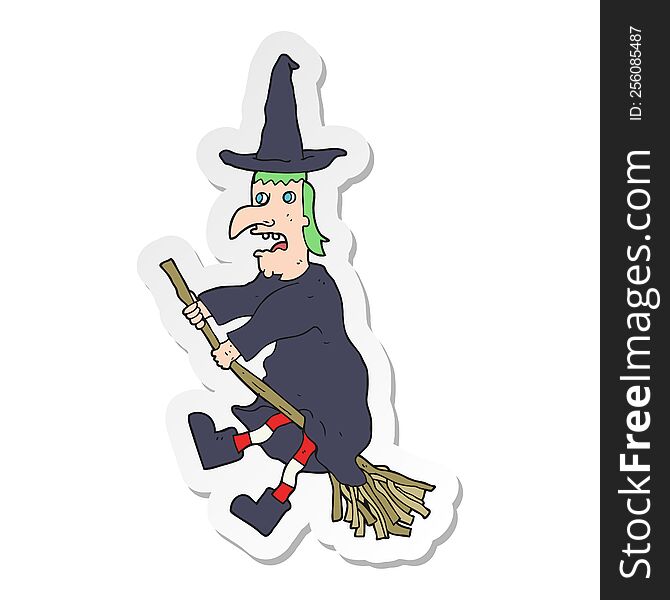 sticker of a cartoon witch flying on broom