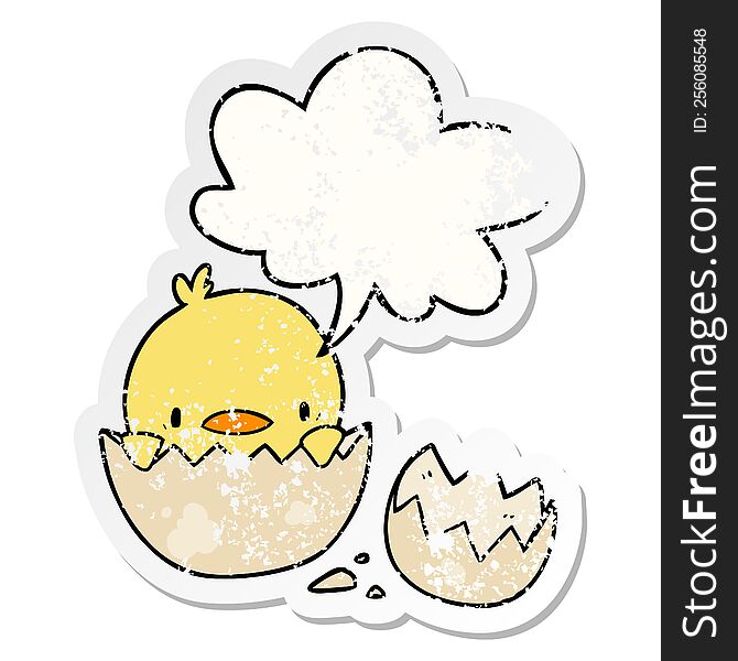 cute cartoon chick hatching from egg with speech bubble distressed distressed old sticker. cute cartoon chick hatching from egg with speech bubble distressed distressed old sticker