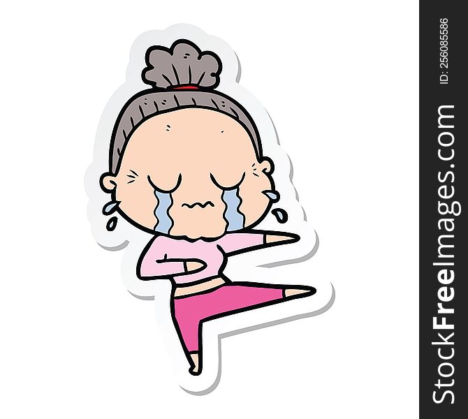 sticker of a cartoon old dancer woman crying