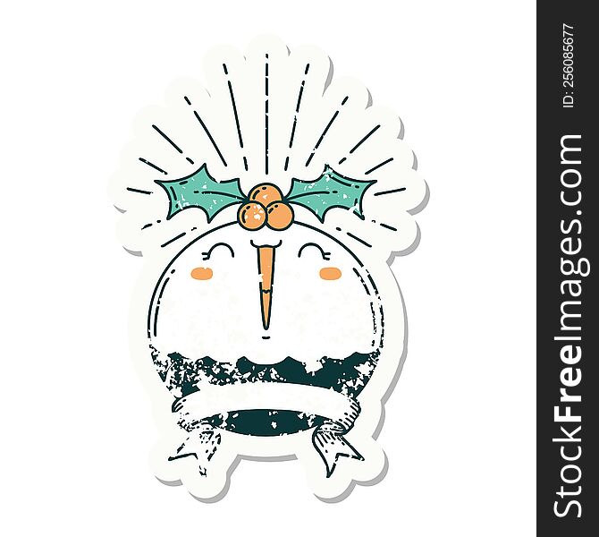Grunge Sticker Of Tattoo Style Singing Christmas Pudding