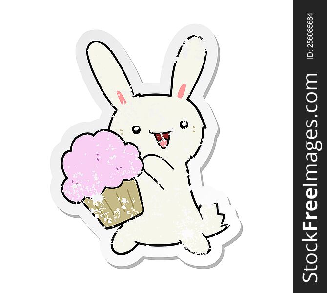 Distressed Sticker Of A Cute Cartoon Rabbit With Muffin
