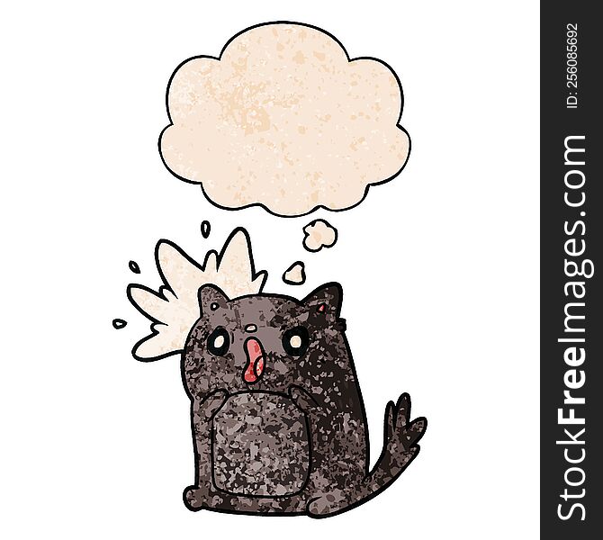 Cartoon Shocked Cat And Thought Bubble In Grunge Texture Pattern Style