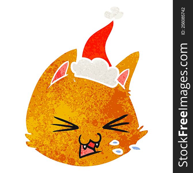 Spitting Retro Cartoon Of A Cat Face Wearing Santa Hat