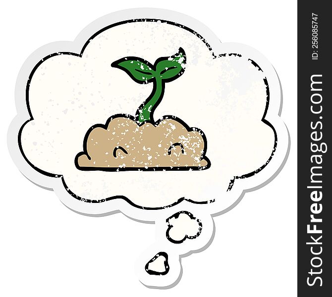 cartoon growing seedling with thought bubble as a distressed worn sticker