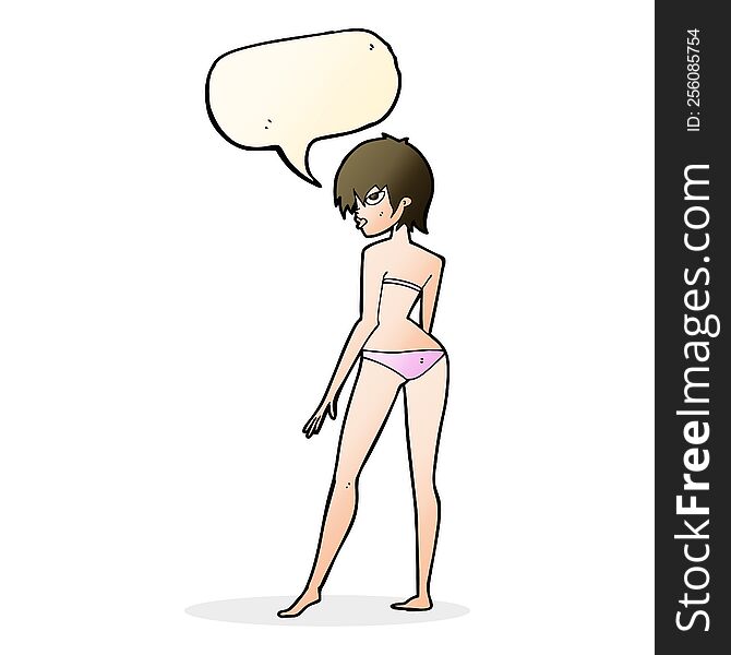 cartoon woman in bikini with speech bubble