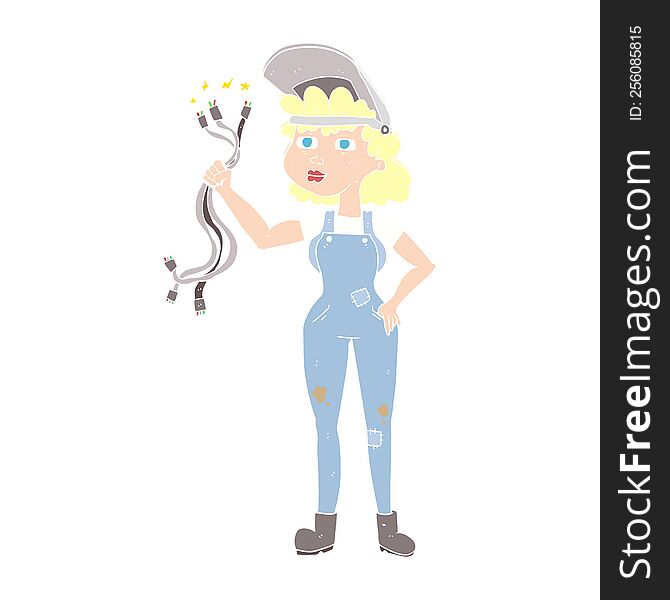 Flat Color Illustration Of A Cartoon Electrician Woman