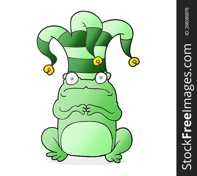 freehand drawn cartoon frog wearing jester hat. freehand drawn cartoon frog wearing jester hat