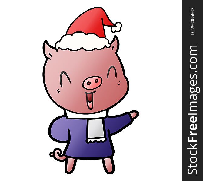 happy hand drawn gradient cartoon of a pig in winter clothes wearing santa hat