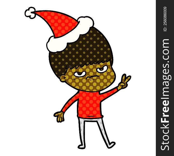 annoyed hand drawn comic book style illustration of a boy wearing santa hat