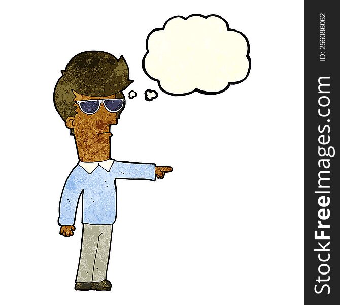 Cartoon Man In Glasses Pointing With Thought Bubble