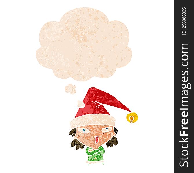 Cartoon Girl Wearing Christmas Hat And Thought Bubble In Retro Textured Style