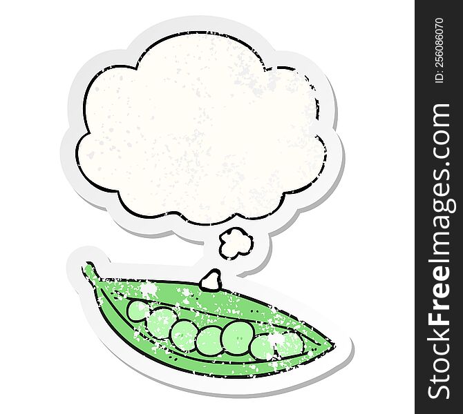 cartoon peas in pod with thought bubble as a distressed worn sticker