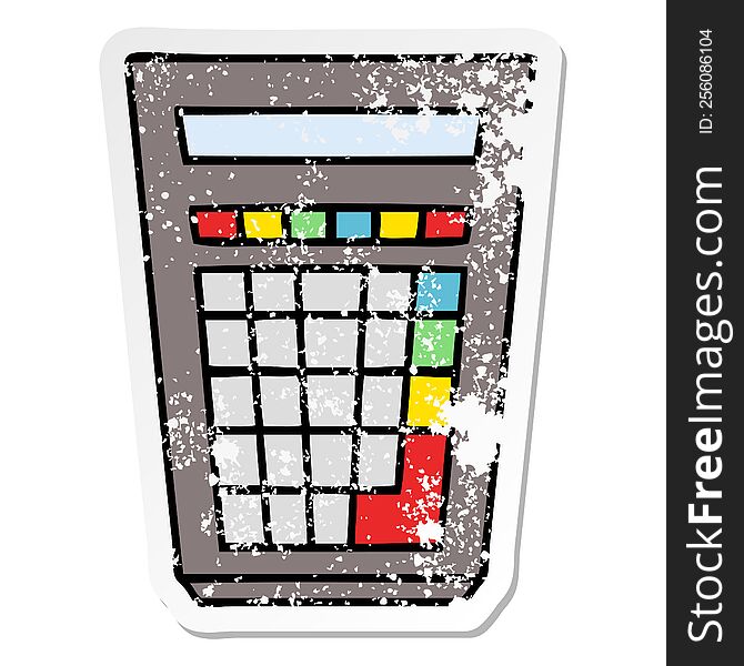 distressed sticker of a quirky hand drawn cartoon calculator