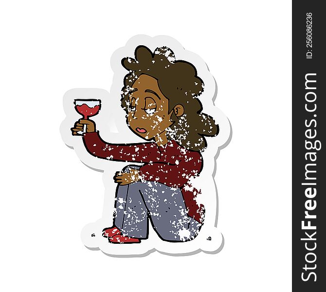 retro distressed sticker of a cartoon unhappy woman with glass of wine