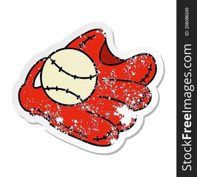 hand drawn distressed sticker cartoon doodle of a baseball and glove