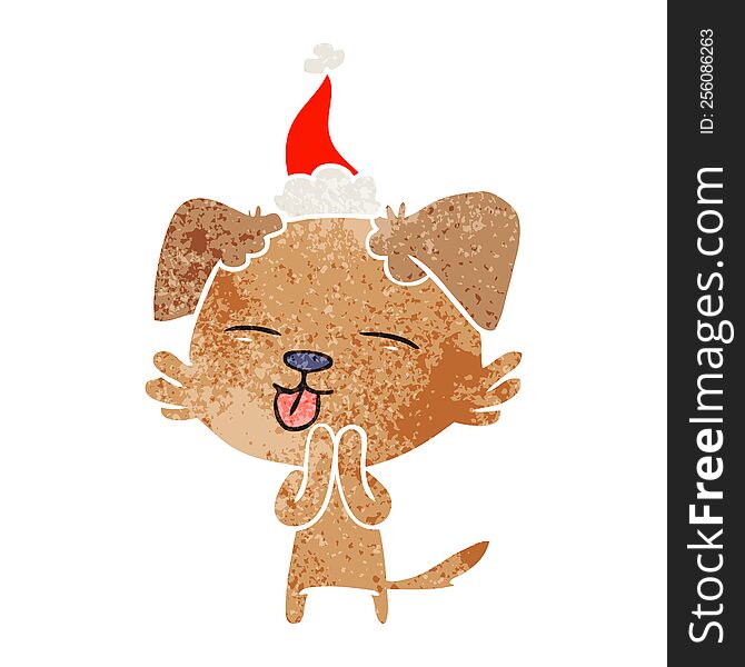 Retro Cartoon Of A Dog Sticking Out Tongue Wearing Santa Hat