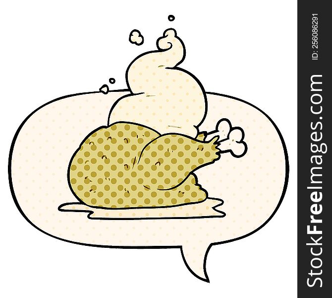 cartoon whole cooked chicken with speech bubble in comic book style