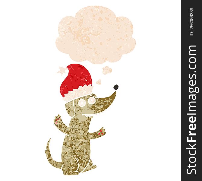 cute christmas cartoon dog with thought bubble in grunge distressed retro textured style. cute christmas cartoon dog with thought bubble in grunge distressed retro textured style